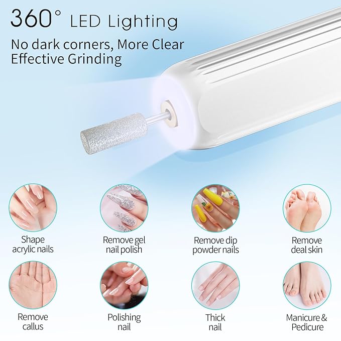 Electric Nail Drill, Professional Manicure Pedicure Kit, Cordless Electric Nail File Set, Rechargeable Pedicure Tools for feet, 3 Speeds Hand Foot Care Nail Drill for Thick Nail Toenail Cuticle-White