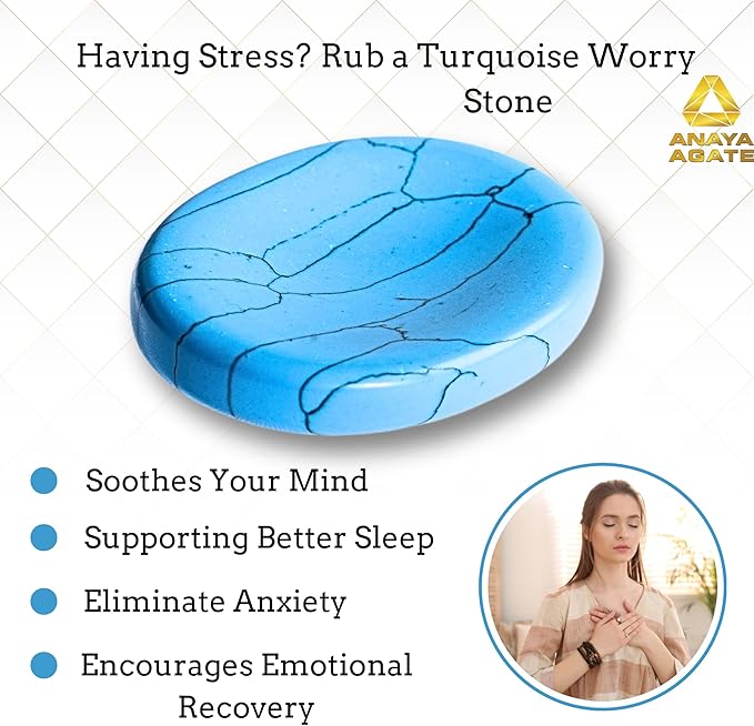 Turquoise Howlite Worry Stones – Crystal Thumb Worry Stone for Anguish, Stress – Relaxing & Soothing Balance Stones for Meditation, Relief – Healing Stones & Crystals for Men, Women