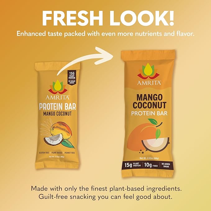 Amrita Nut Free Mango Coconut Vegan Protein Bars (12 Count) | 11g Plant-Based Protein Bar | Peanut Free, Gluten Free, and Dairy Free | Low Sugar, High Fiber, Healthy School-Safe Snacks