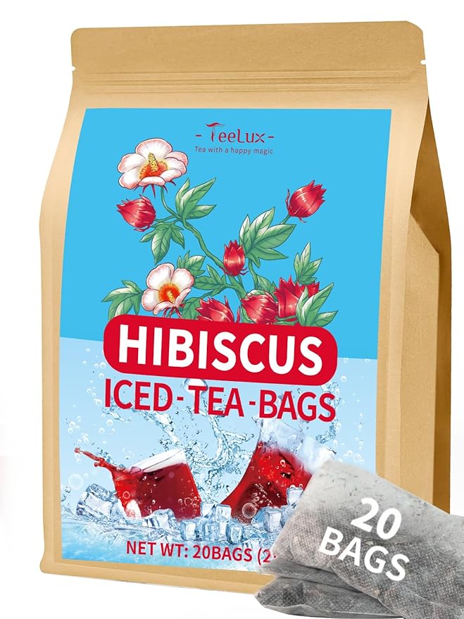 TeeLux Hibiscus Iced Tea, Family Sized Hibiscus Tea Bags, Natural Hibiscus Flowers Herbal Tea, Refreshing Tart Flavor, Caffeine Free, 20 Count