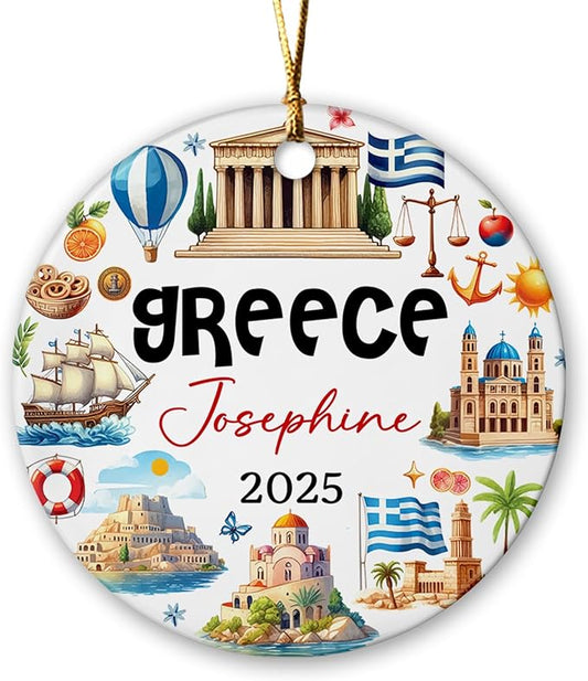 Landmarks and Symbols of Greece Christmas Ornament 2025, Personalized Greece Travel Xmas Ceramic Ornament, Greece City Souvenir Ceramic Ornament, Custom Name Greece Vacation Christmas Keepsake Decor