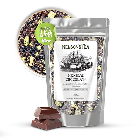 Nelson's Tea - Mexican Chocolate Tea Loose Leaf with Red Rooibos Tea, Black Tea Blend, Carob Beans, Ginger, Chocolate Chips, Pepper, Cardamom (16 oz)