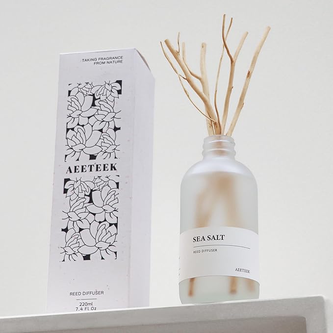 Sea Salt Reed Diffuser, 7.4oz(220ml) Sea Salt Musk & Seaweed Essential Oil Refill, Bathroom Air Freshener with Willow Branches Decor, Long Lasting Fragrance for Home (1-Pack)