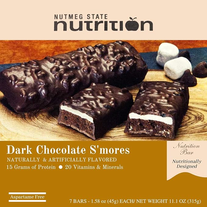 Nutmeg State Nutrition High Protein Bars, 7 Servings Per Box (1 Box (7 Servings), Dark Chocolate S'mores)