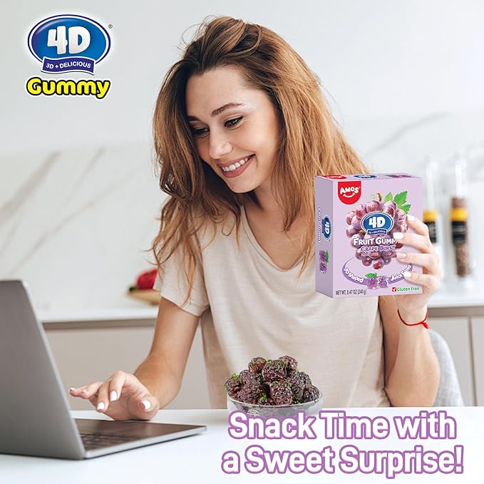 AMOS 4D Gummies Grape Burst Fruit-Shaped Gummy Candy, Natural Flavor Individual Sharing Pack For Parties, School Lunchbox & Family Movie Night Snacks 240g (8.5 Oz) | Fun, Chewy, Shareable Treat