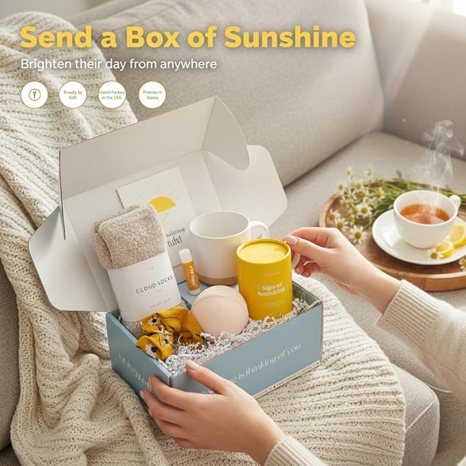 Unboxme Sunshine Care Package for Women, Spa Gift Basket with Tea, Mug, Bath Bomb, Candle, Cozy Socks, Thinking of You, Get Well, Birthday