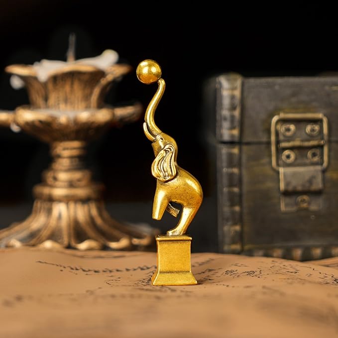 100% Solid Brass Elephant Sculpture - Ball Balancer Desk Toy, Handcrafted Vintage Home Décor, Playful Elephant Balancing Act Figurine, Unique Office & Bookshelf Collectible Art for Animal Lovers
