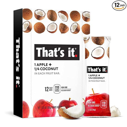 That's it. Apple + Coconut 100% Natural Real Fruit Bar, Best High Fiber Vegan, Gluten Free Healthy Snack, Paleo for Children & Adults, Non GMO No Added Sugar, No Preservatives Energy Food (12 Pack)