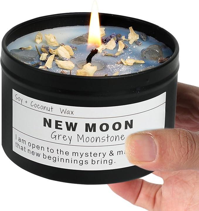 New Moon Gray Moonstone New Beginnings Ritual Energy Gift Grounding Manifestation Intention De-Stress Good Fortune Success Protection Meditation Magic Hande Made Candle(8oz).