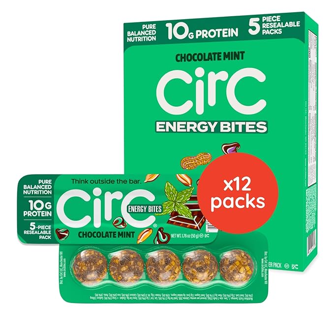 CirC Energy Bites - 12 Pack Mint Chocolate Chip Gluten Free Protein Balls - 10g Protein, Whole Grains, Nuts & Fruit - Portable Healthy Snacks for Adults & Kids, 5 Piece Resealable Packs