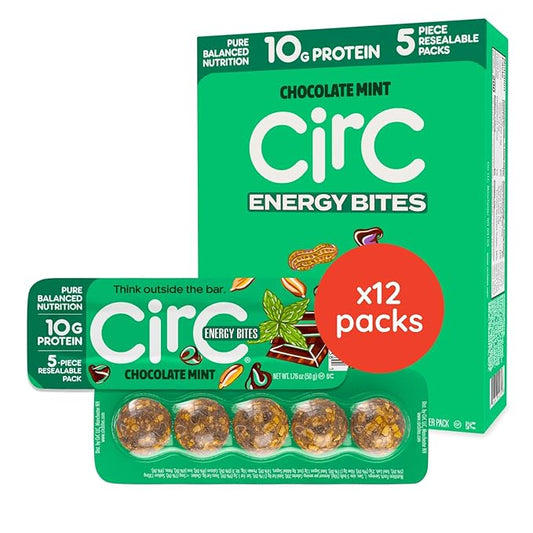 CirC Energy Bites - 12 Pack Mint Chocolate Chip Gluten Free Protein Balls - 10g Protein, Whole Grains, Nuts & Fruit - Portable Healthy Snacks for Adults & Kids, 5 Piece Resealable Packs