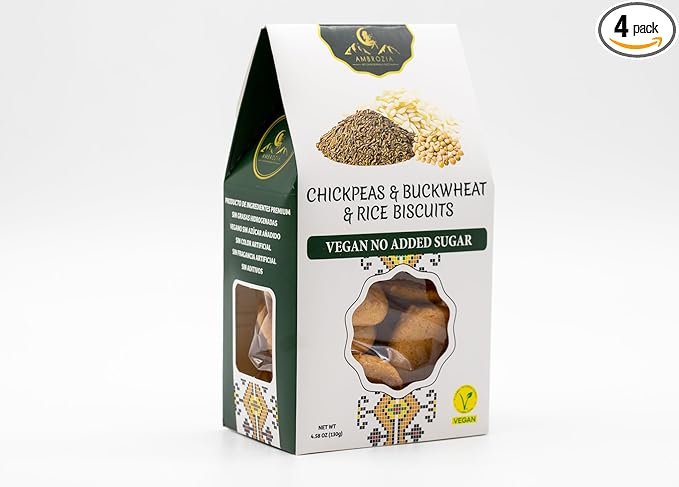 Ambrozia Vegan Snack Biscuits – Chickpeas, Buckwheat &Rice - Soft Baked, No Added Sugar, Clean Label, High Fiber & Wholesome Ingredients, Kid-Friendly, Healthy Snacks for Active Lifestyles, 4 x 4.58Oz