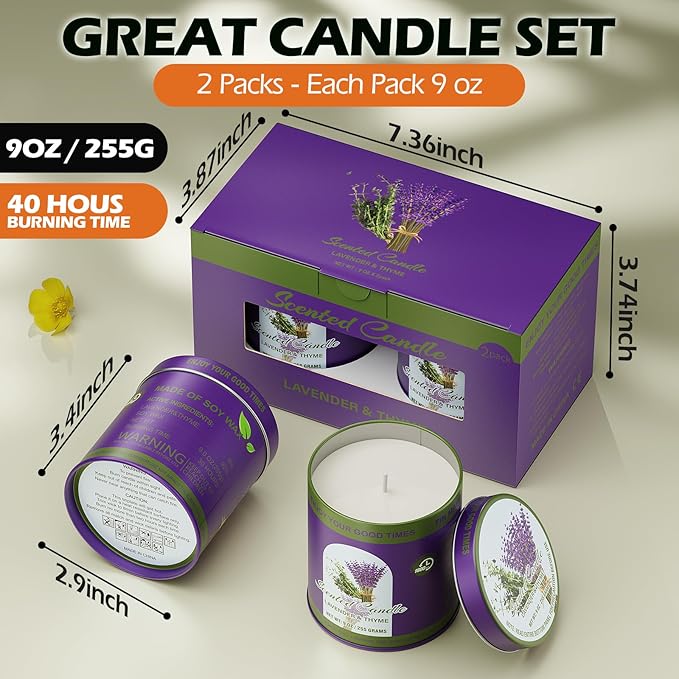 Lavender&Thyme Scented Candle Set | 2Pack 510g 8% Essential Oil, 80H Burn Time | Smokeless Clean-Burning Soy Wax Tin Jar Aromatherapy Candle for Relaxation & Sleep Aid | Candle Gift Set Women&Men