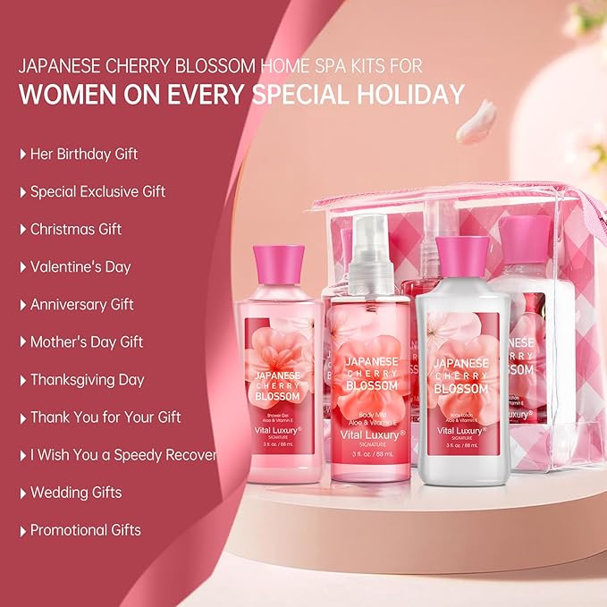 Bath and Body Gift Set for Women & Girls, Japanese Cherry Blossom Spa Set With Natural Extracts-Shower Gel, Body Lotion, Body Mist, Body Care Travel Set for Birthday Mother's Day Gifts