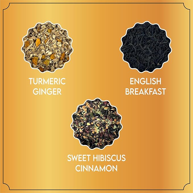 Tea Leaf & Co. Joyful 3 Pack Premium Tea Git Combo Box - Contains Sweet Hibiscus, English Breakfast Black & Turmeric Ginger Herbal Teas - Perfect for Premium Gifting (3Oz)