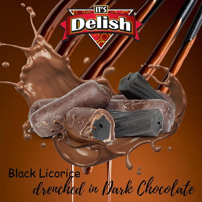 Chocolate Covered Black Licorice Bits by Its Delish, 12 oz Bag Bulk | Black Licorice Bites Coated in Dark Chocolate Candy | Vegan, Non-dairy, Kosher Parve
