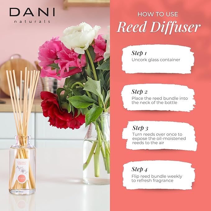 DANI Naturals Reed Diffuser Set - Tropical Coconut Hibiscus Scent - Aromatherapy Essential Oils - Alcohol-Free, Non-Toxic, Eco-Friendly - 10 Sticks - 3.5 oz