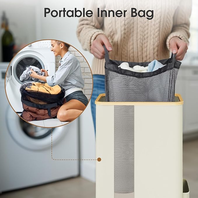 Laundry Basket Clothes Hamper with Lid and Pocket Large Collapsible Laundry Baskets with Handle, Freestanding Hampers for Bedroom Aesthetic, Dorm, Bathroom, Laundry Room (100L, Beige)