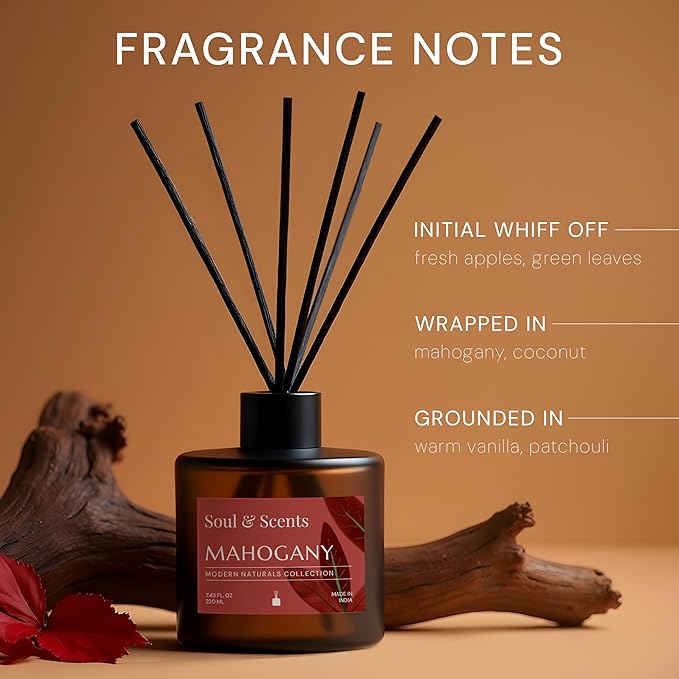 Soul & Scents Reed Diffuser Set – Mahogany | 7.43 oz Refillable Scented Oil with 6 Fiber Sticks | Long-Lasting Home Fragrance & Air Freshener for Bedroom, Bathroom, Office | Gift & Décor Piece