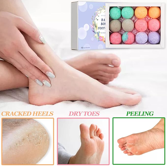 Foot Bath Bombs 12 Pack,Organic Foot Soak with Bath Salt,Foot Spa Bomb Rich Essential Oils for Dry Cracked, Athletes Foot, Stubborn Foot Odor Scent,Tired Sore Feet