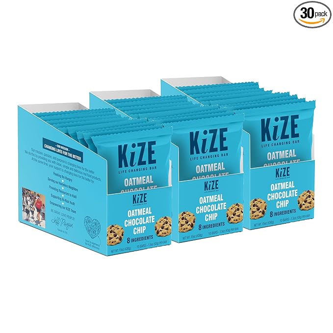 KiZE Energy Bars - Oatmeal Chocolate Chip - 30-Count - Gluten Free, Dairy Free, Non-GMO, and High Protein Meal Replacement Energy Bars, Clean and Simple Food Ingredients - 7g High Protein Snacks (30 Count)
