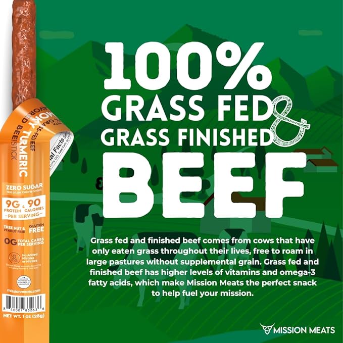 Mission Meats Beef Sticks – 100% Grass Fed & Pasture Raised, Sugar Free, Individually Wrapped Healthy Snacks, Whole 30 & Paleo Friendly, Smoky Turmeric 1oz (Pack of 24)