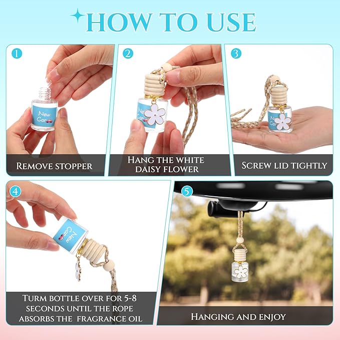 2 Sets Hanging Car Air Freshener and Essential Oil Diffuser, Car Air Freshener Daisy Essential Oil Diffuser Long Lasting Automobile Aromatherapy(White,New Car)