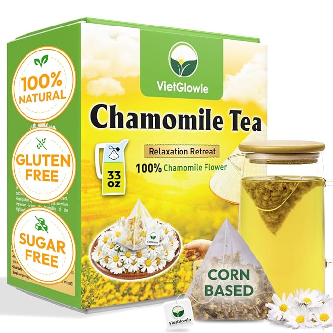 VietGlowie 30 Chamomile Pyramid Tea Bags, 3g/Bag to 33oz, Chamomile Herbal Tea, Bedtime & Sleep Support, Caffeine-Free, 100% Natural, Corn-Based Tea Bags