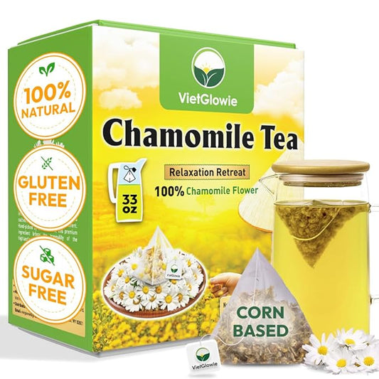 VietGlowie 30 Chamomile Pyramid Tea Bags, 3g/Bag to 33oz, Chamomile Herbal Tea, Bedtime & Sleep Support, Caffeine-Free, 100% Natural, Corn-Based Tea Bags