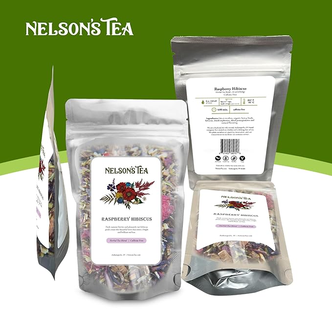 Nelson's Tea Raspberry Hibiscus Tea - Caffeine Free, Cut & Sifted Green Rooibos, Honeybush, Dried Raspberries, Acai, and Pomegranate Loose Leaf (16 oz)