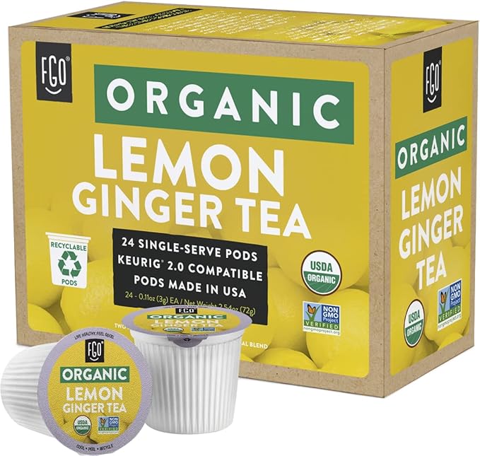 FGO Organic Premium Lemon Ginger Tea K-Cup Pods for Keurig, 24 Count (Pack of 1), Naturally Caffeine-Free Herbal Tea is USDA Organic, Non-GMO, & Recyclable