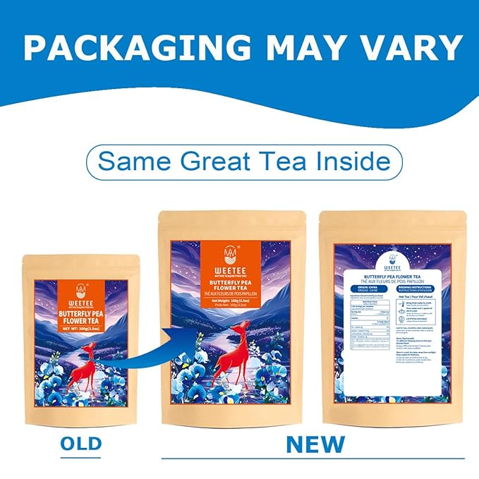 WT WEETEE Butterfly Pea Flower Tea Loose Leaf, 100% Natural & Pure from Whole Dried Butterfly Pea Flowers, Caffeine Free Herbal Tea For Blue & Purple Drinks