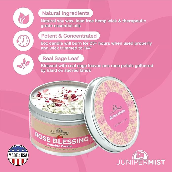 Rose Smudge Candle (6oz) Love and Healing – Energy Cleansing Candle - Real Sage & Essential Oils – Spiritual for Protection, Meditation & Manifestation – Soy-Based - Made in The USA