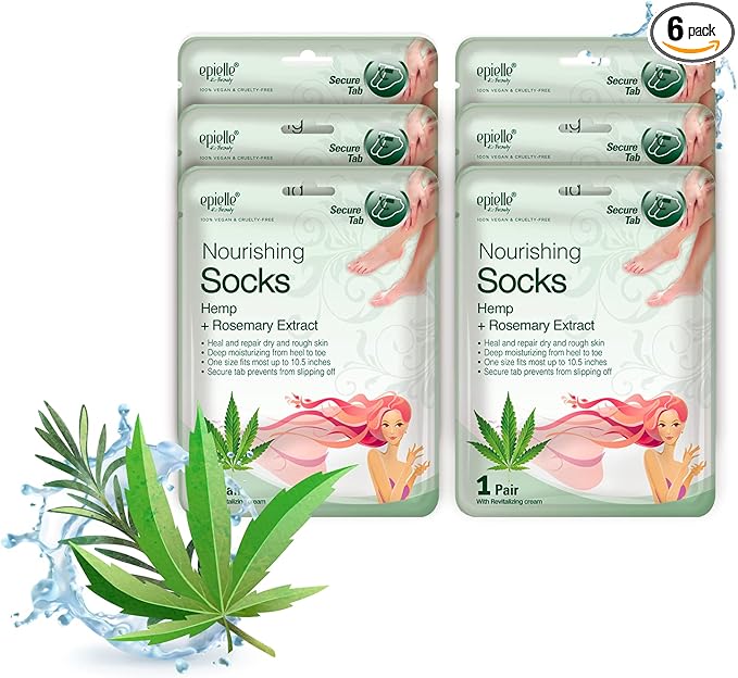 Epielle Nourishing Foot Masks 6 Pairs, Deep Moisturizing Socks for Dry Feet & Cracked Heels, Repair and Nourish with Hemp & Rosemary Extract, Foot Spa & Self Care Gifts for Women, Korean Skin Care