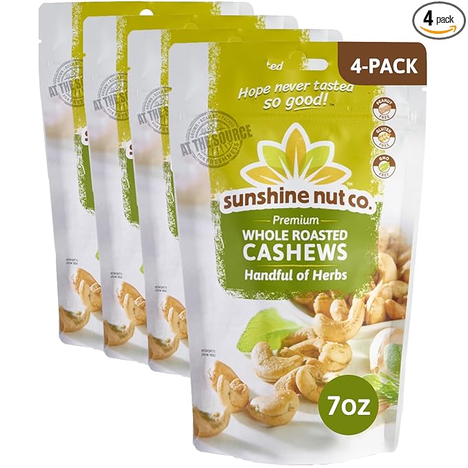 Sunshine Nut Company Whole Roasted Lightly Salted Cashews, Handful of Herbs Flavor, 4 Pack, 7 oz. Each, Gluten Free, Peanut Free and Vegan Individual Snack Packs for Kids and Adults, GMO Free