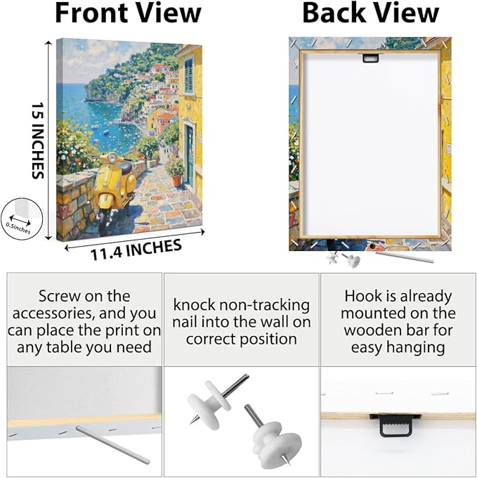 Italy Coast Landscape Wall Art, Italy Motorcycle Summer Watercolor Painting Canvas Framed Prints Modern Decorations, Rustic Theme Flowers Poster for Living Room Entryway Farmhouse Bedroom Dining room