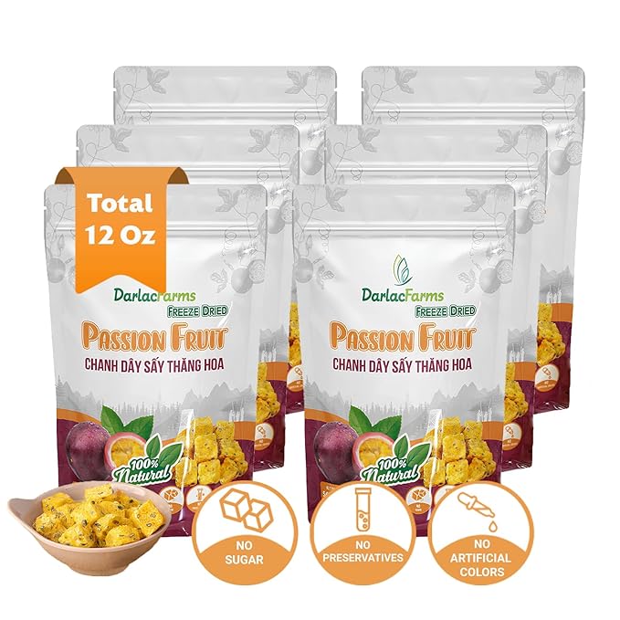 DARLAC FARMS Freeze Dried Passion Fruit Cubes, 2 Oz x Pack 6, No Sugar Added, Healthy Fruit Snacks for Kids, Adults & All Ages, Premium Organic Crispy Crunchy Snacks, Tea, Baking, Smoothie, Yogurt