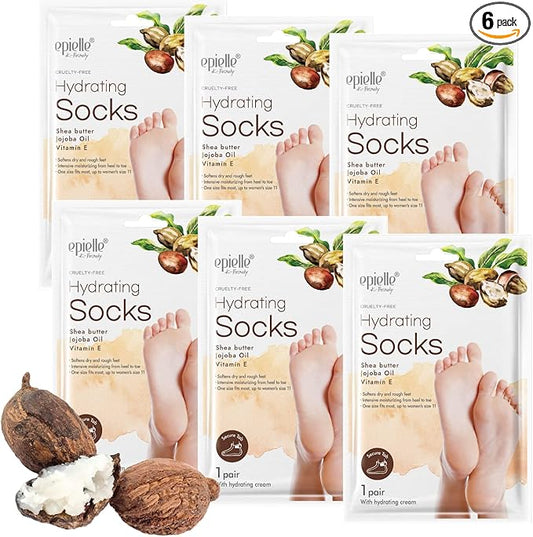 Epielle Hydrating Foot Masks 6 Pairs, Deep Moisturizing Socks for Dry Feet & Cracked Heels, Relieve and Soften with Shea Butter & Jojoba Oil, Korean Skin Care, Spa Set, Self Care Gifts for Women