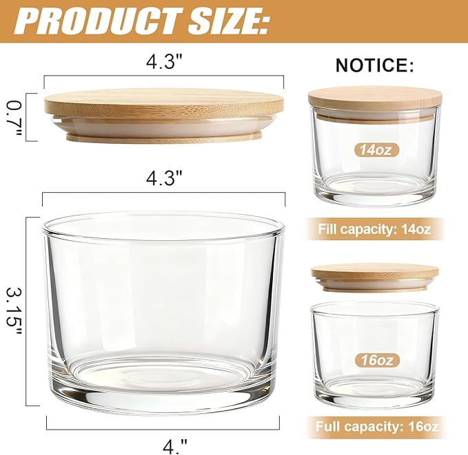 16oz Glass Candle Jars, 6-Pack 3 Wick Candle Jars for Making Candles, Empty Thick Glass Wide-Mouth Jars with Bamboo Lids & Wick Kits, Candle Containers Bulk - Clear
