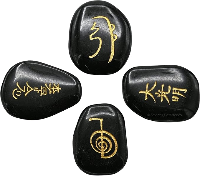Amazing Gemstone Black Agate Crystal Reiki Stones with Engraved Symbols for Usui Reiki Healing, Set of 4 Pcs (Indian Handmade Reiki Gift Set)