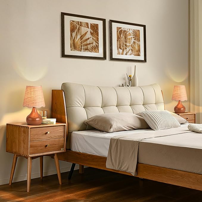 Brown Small Bedside Table Lamp for Bedroom, Farmhouse Bedroom Lamps for Nightstand, Rattan Lamp Shade Table Lamps for Small Spaces for Kitchen Counter, Home Office, Living Room, Kids Dorm