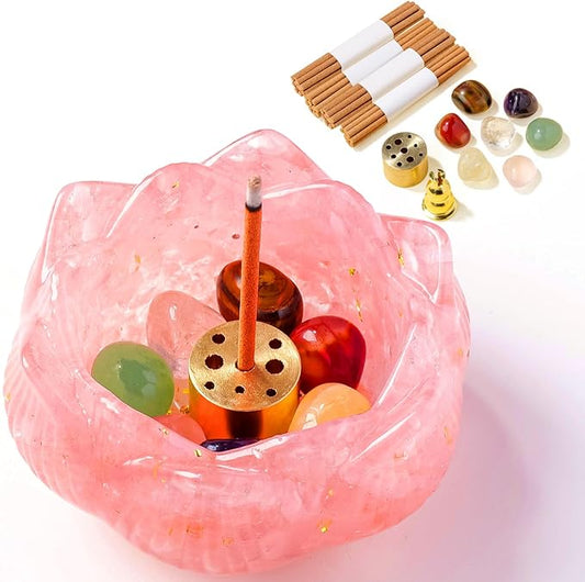 15PCS Incense Holders 40 Incense Sticks Rose Quartz Resin and Crystal Lotus Burner Soothe The Nerves Removable Ash Collector for Meditation, Yoga & Spiritual Home Decor