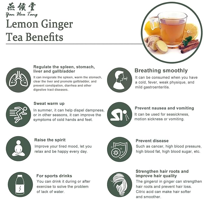 EILIN YHT Lemon Ginger Tea Bags Caffeine-free Support Healthy Digestion Boost Immunity 100 Counts
