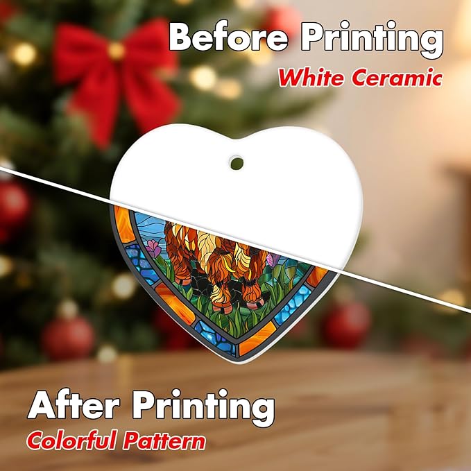 1pc 2 Side Printed Highland Cow Ceramic Ornament 2025, Heart-Shaped Christmas Tree, Cute Keepsake Decoration