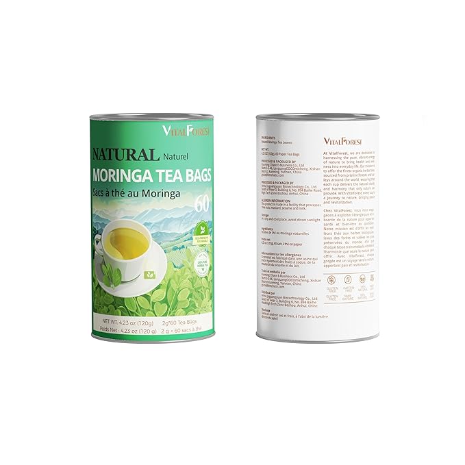 60 Natural Moringa Tea Bags, VitalForest Pure Moringa Leaves Te De Herb, Supports Digestion and Wellness, Caffeine-Free