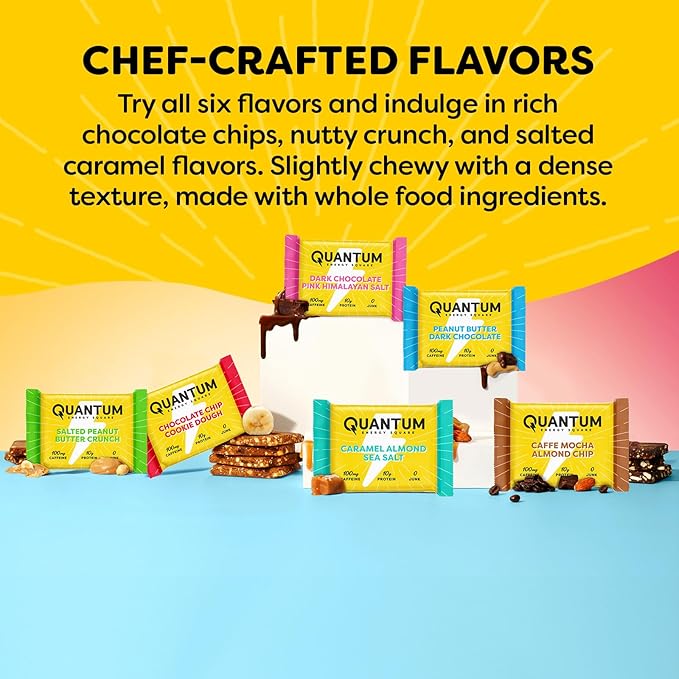 Quantum Energy Square - Peanut Butter Dark Chocolate, Chocolate Chip Cookie Dough, Caffe Mocha Almond Chip - Variety 12-Pack - 4 Bars Each