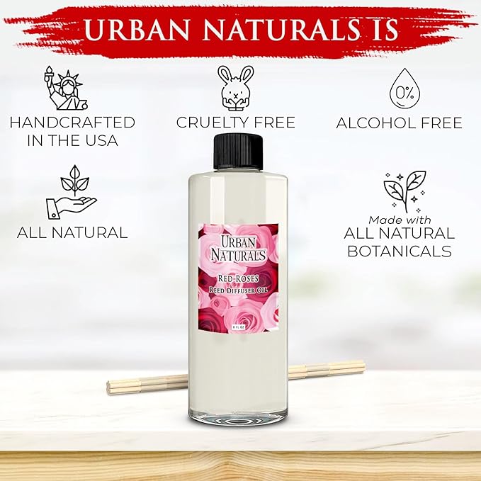 Urban Naturals Reed Diffuser Oil Refill Red Roses with White Peony, Cashmere Wood 8 oz + Free Reed Sticks, Made in The USA