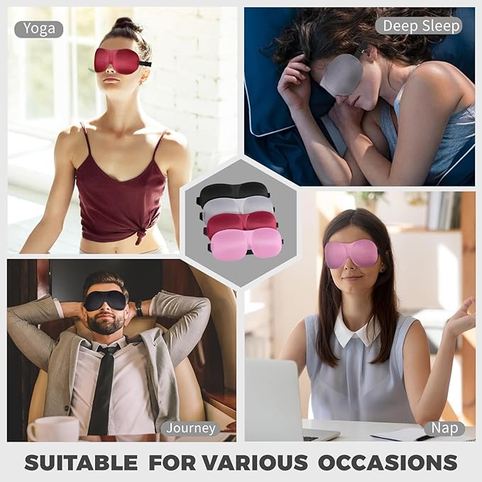 4 Pack Sleep Mask for Women and Men Adjustable Blackout 3D Eye Masks for Sleep, Blindfold with Storage Bag and Earplug for Travel Nap and Night (Black, Purple, Blue, Pink)