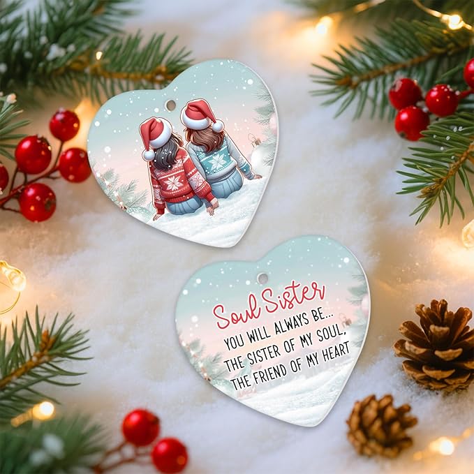 34HD Gifts for Christmas, Sisters Christmas Ornament Heart-Shaped Ceramic 2-Side Printed, Gifts for Best Friends, Besties, Sisters, Christmas Decorations