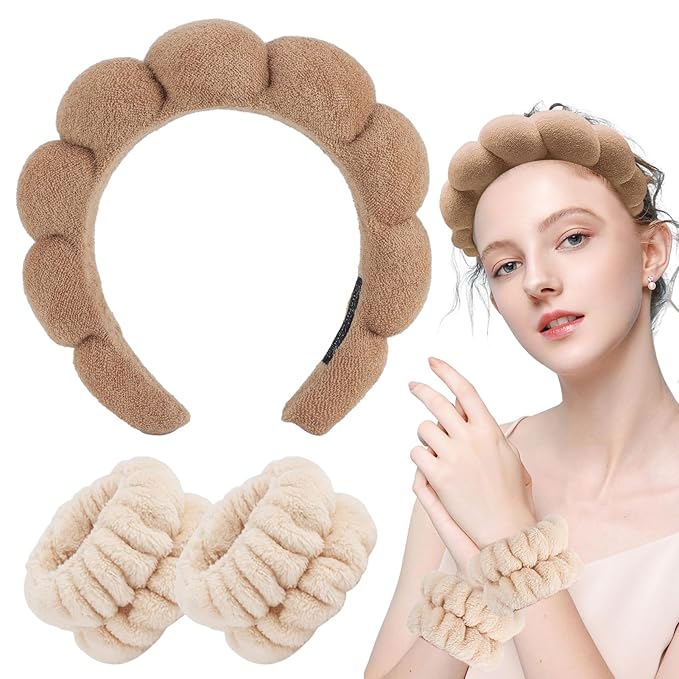 Zkptops Spa Headband for Washing Face Wristband Set Sponge Makeup Skincare Terry Cloth Bubble Soft Get Ready Hairband for Women Girl Puffy Padded Headwear Non Slip Thick Hair Accessory(Brown-2)